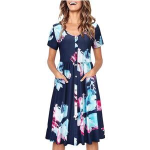 NWT OUGES Women's V Neck Floral Button Down Skater Dress with Pockets XL